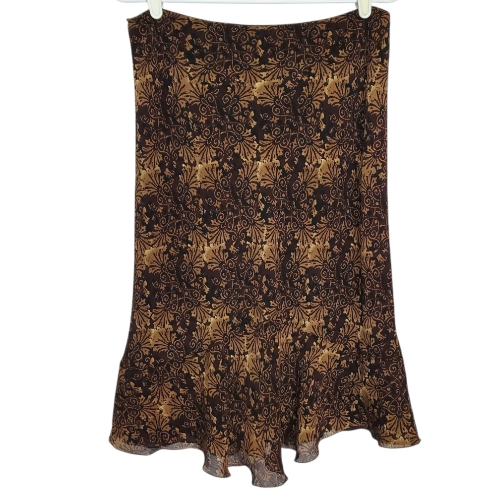 2536 * Biyaycda Career Vintage Flowy Hem Midi Skirt Brown Tan Gold Print Size S - Picture 2 of 8